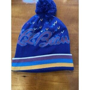 LL Bean Mountain Blue Winter Pom Pom Hat Purple Yellow Blue Striped